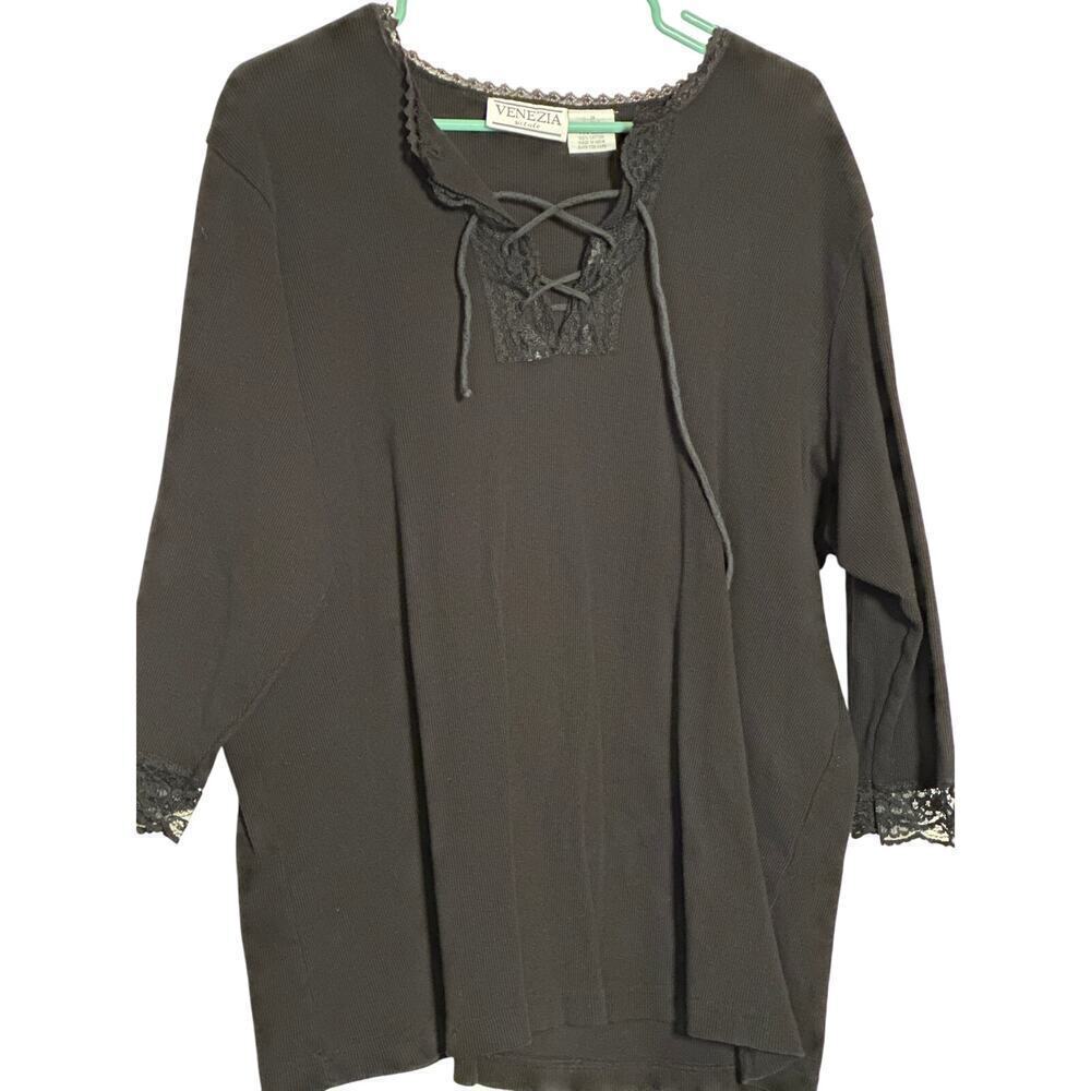 Plus Size Black Top with Lace Detail on Neckline and Sleeves — Size 2X